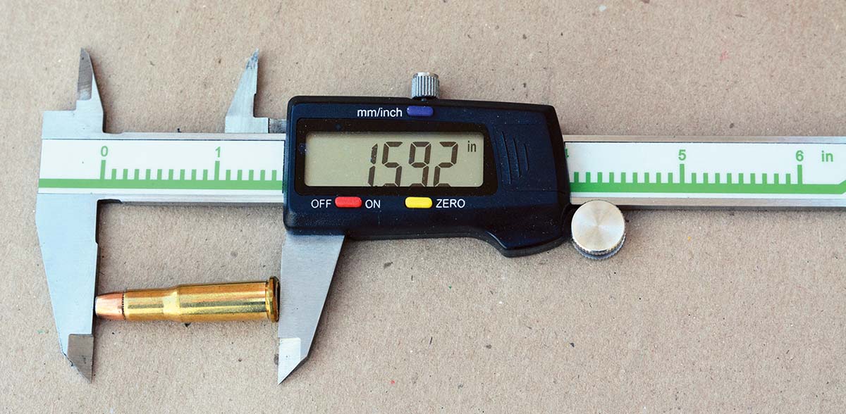 The 25-20 Winchester maximum overall cartridge length is standardized at 1.592 inches.